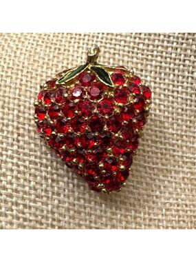 Strawberry Shaped Red Rhinestone Enamel Gold-Tone Vintage Brooch Pin